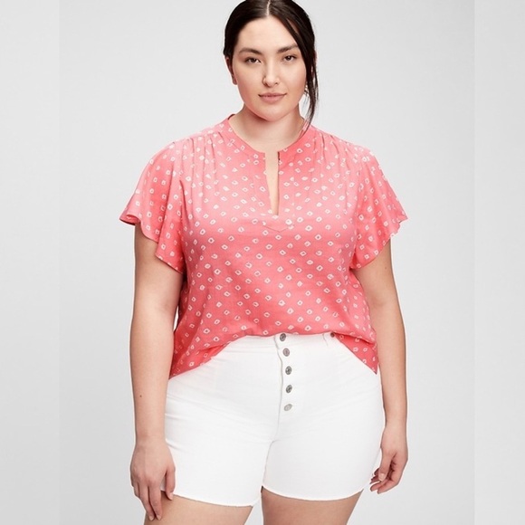 GAP Coral Pink Geometric Print Cap Sleeve Blouse Size XL - Picture 1 of 10